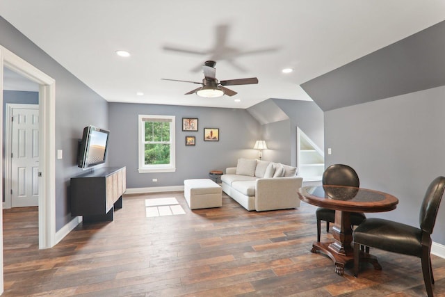 living area with baseboards, wood finished floors, recessed lighting, and a ceiling fan