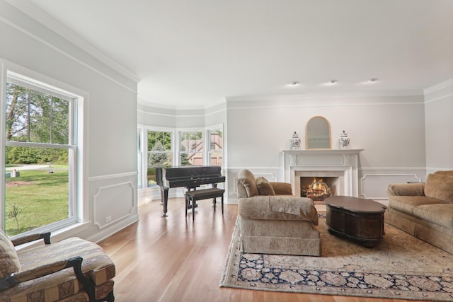 living area with a decorative wall, ornamental molding, wood finished floors, a lit fireplace, and wainscoting