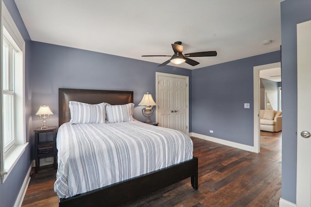 bedroom with multiple windows, a closet, hardwood / wood-style flooring, and baseboards
