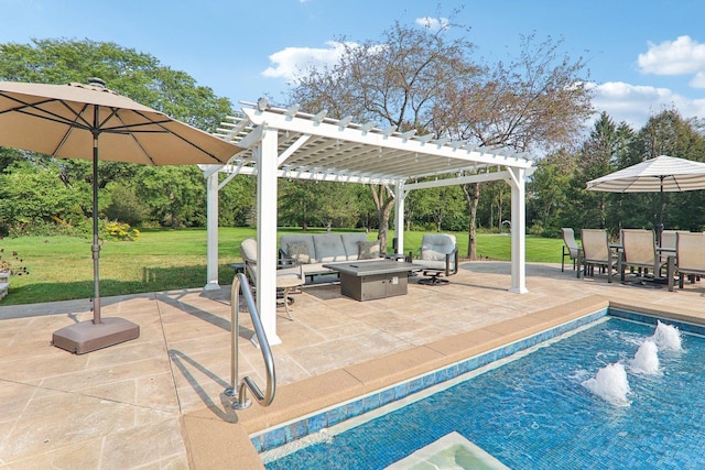 pool with an outdoor living space with a fire pit, a pergola, a yard, and a patio