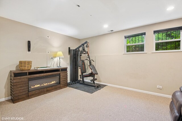 4134 S Ellis Ave, Chicago, IL 60653 - workout room featuring carpet flooring, baseboards, a glass covered fireplace, and recessed lighting