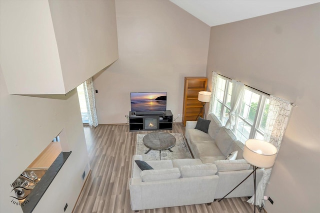 living area featuring a high ceiling, plenty of natural light, and wood finished floors
