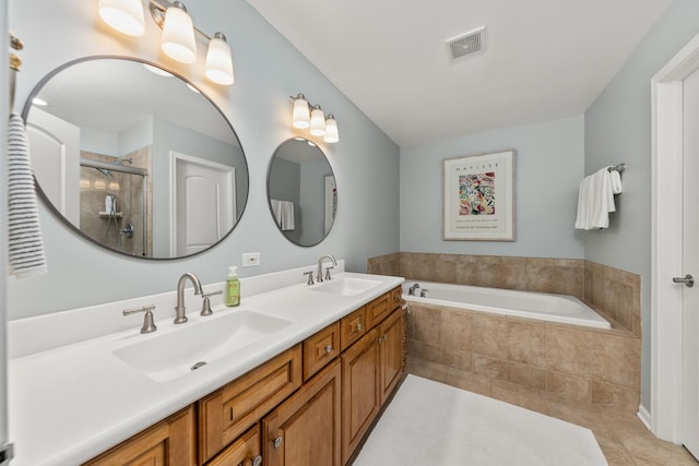 405 Ashbury Ln, Lemont, IL 60439 - full bath with a stall shower, a bath, tile patterned flooring, and double vanity