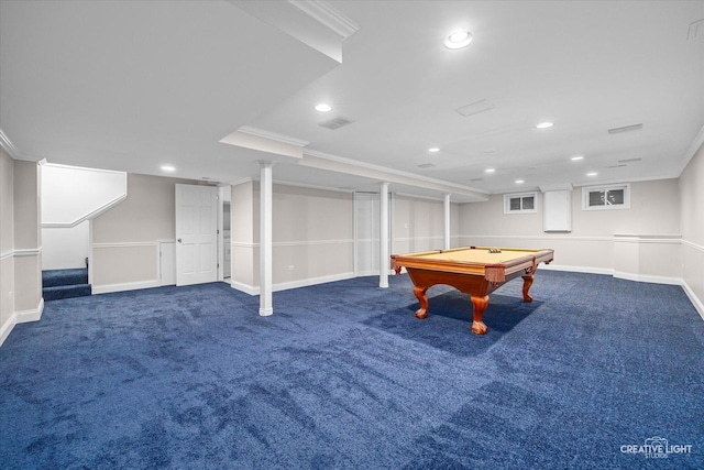 45 Exmoor Ave, Glen Ellyn, IL 60137 - playroom featuring recessed lighting, pool table, baseboards, carpet, and ornamental molding
