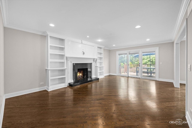 45 Exmoor Ave, Glen Ellyn, IL 60137 - unfurnished living room featuring baseboards, dark wood-type flooring, crown molding, a high end fireplace, and recessed lighting