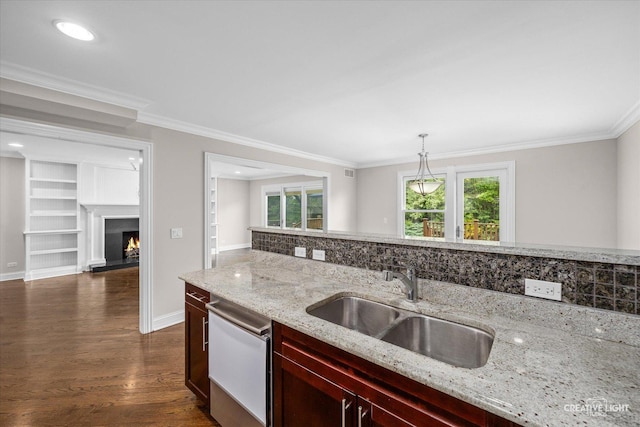45 Exmoor Ave, Glen Ellyn, IL 60137 - kitchen with reddish brown cabinets, dishwasher, a sink, ornamental molding, and hanging light fixtures