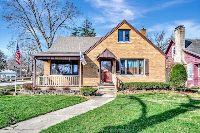 view of front of property with brick siding, a front yard, and a shingled roof