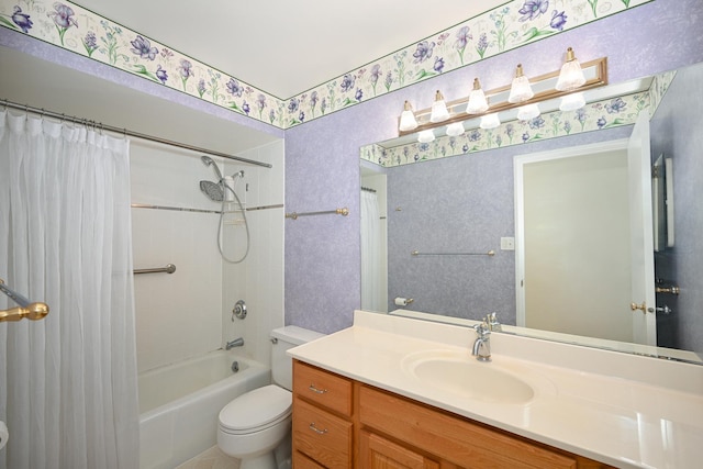 4248 Saratoga Ave Unit 308, Downers Grove, IL 60515 - bathroom with shower / bath combo with shower curtain, vanity, wallpapered walls, and toilet