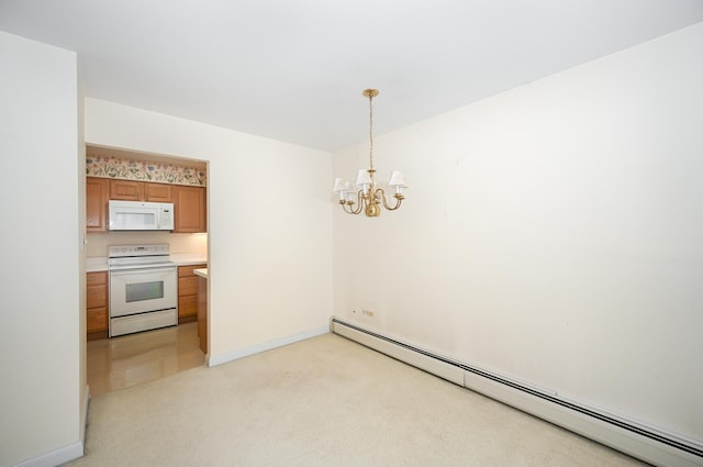 4248 Saratoga Ave Unit 308, Downers Grove, IL 60515 - unfurnished dining area with light colored carpet, a baseboard radiator, an inviting chandelier, and baseboards