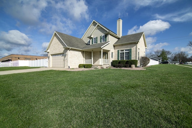 traditional-style house featuring fence, an attached garage, concrete driveway, brick siding, and a front lawn