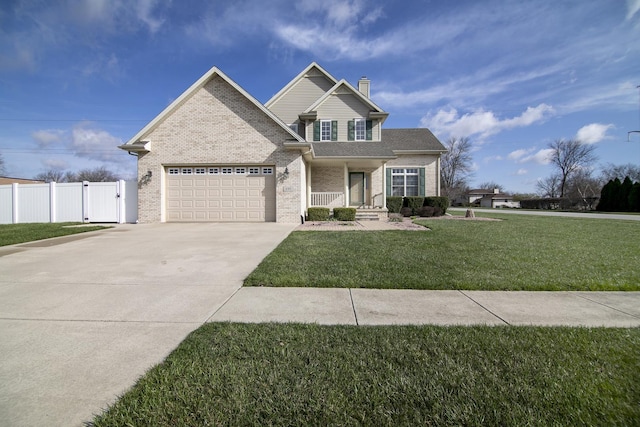 view of front of property featuring fence, a garage, brick siding, a front lawn, and driveway