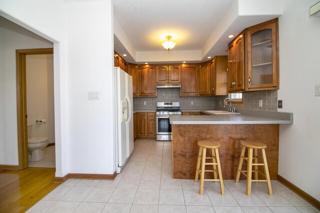 kitchen featuring a peninsula, a raised ceiling, a sink, gas range, and white refrigerator with ice dispenser