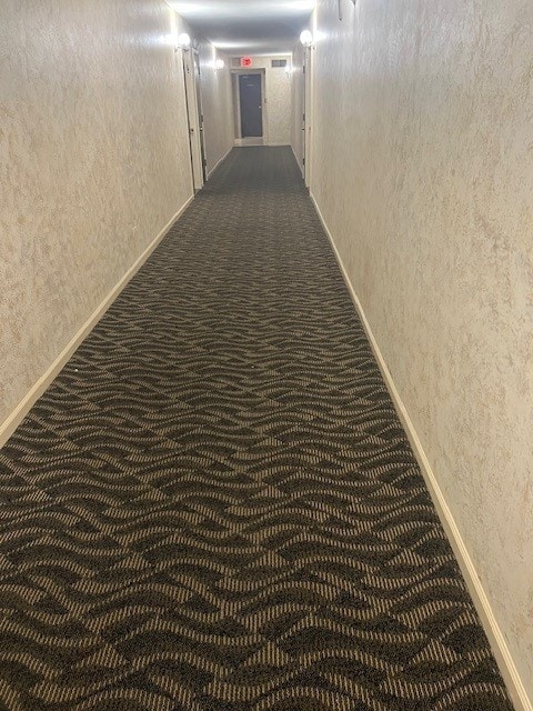 4901 Golf Rd Unit 405, Skokie, IL 60077 - corridor with dark carpet and a textured wall