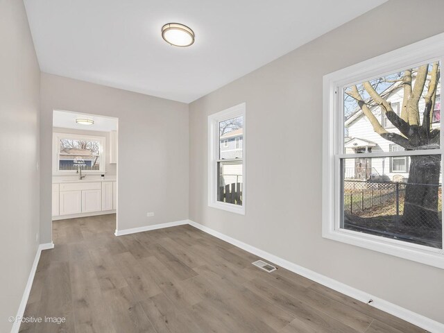 interior space featuring baseboards, wood finished floors, visible vents, and a sink