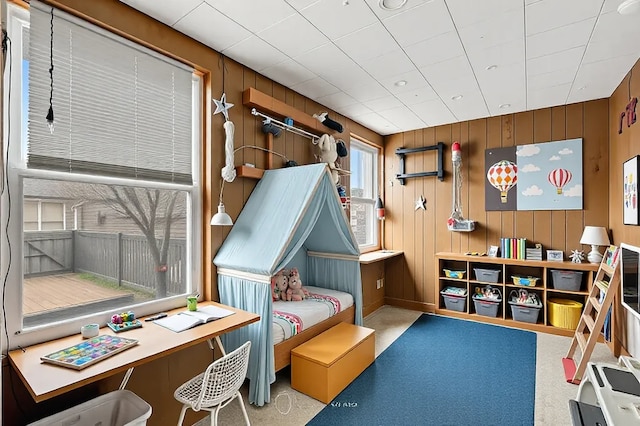 interior space with wood walls and carpet flooring