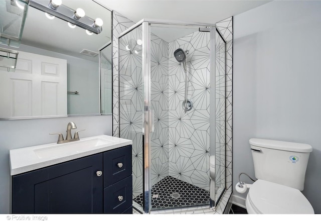 bathroom with vanity, toilet, a shower stall, and visible vents
