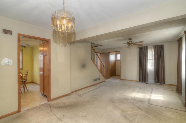 3902 Rose Ave, Western Springs, IL 60558 - unfurnished living room featuring stairway, a ceiling fan, a chandelier, and light colored carpet