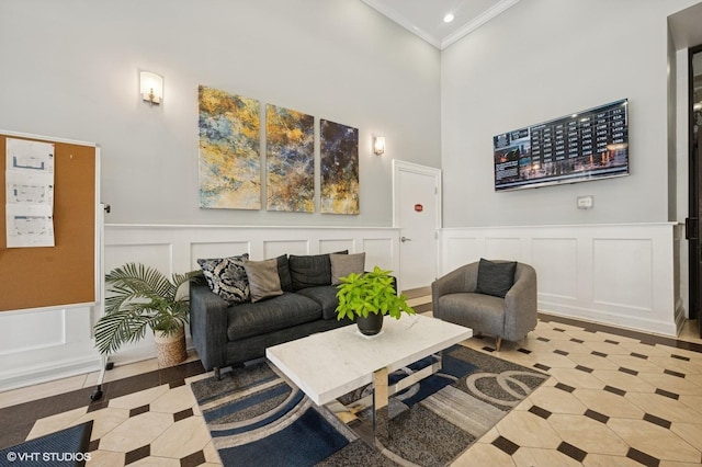 1464 S Michigan Ave Unit 1401, Chicago, IL 60605 - tiled living area featuring a decorative wall, ornamental molding, a wainscoted wall, and a high ceiling