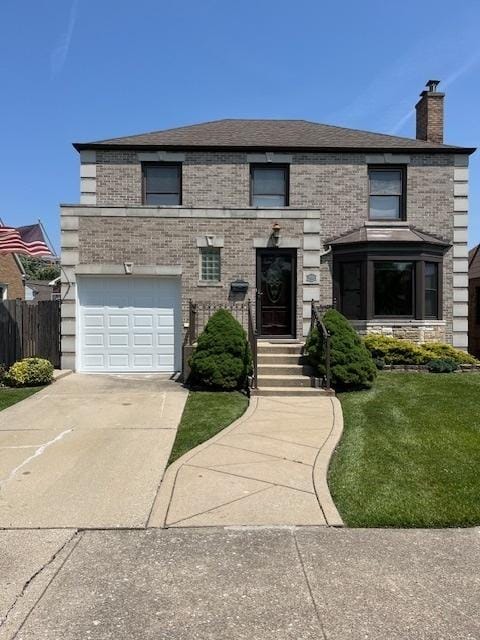 1911 N 73rd Ave N, Elmwood Park, IL 60707 - view of front of property featuring concrete driveway, an attached garage, a chimney, roof with shingles, and stone siding