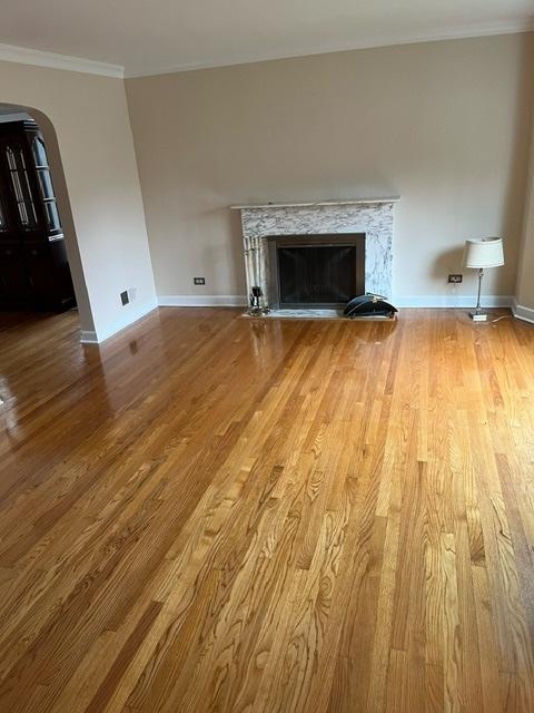 1911 N 73rd Ave N, Elmwood Park, IL 60707 - unfurnished living room featuring arched walkways, wood finished floors, crown molding, and a premium fireplace