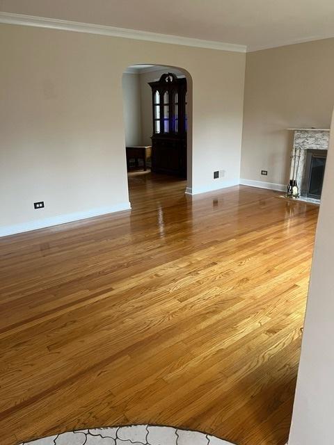 1911 N 73rd Ave N, Elmwood Park, IL 60707 - unfurnished living room with arched walkways, crown molding, wood finished floors, and a premium fireplace