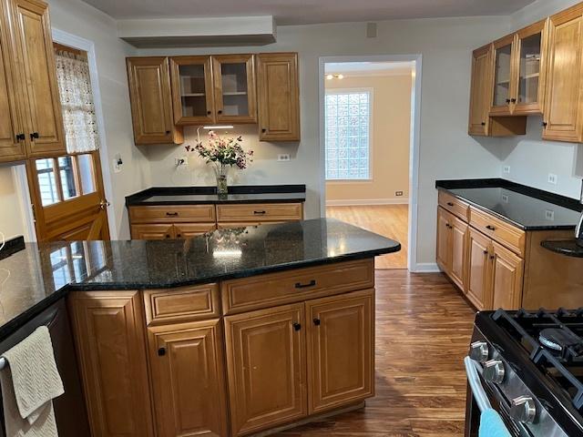 1911 N 73rd Ave N, Elmwood Park, IL 60707 - kitchen with dark wood-style flooring, brown cabinetry, glass insert cabinets, and dark stone counters