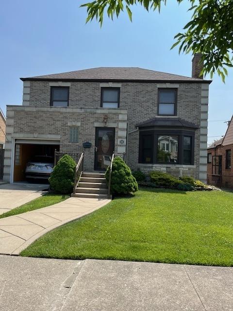 1911 N 73rd Ave N, Elmwood Park, IL 60707 - view of front of property featuring a chimney, a front lawn, and stone siding