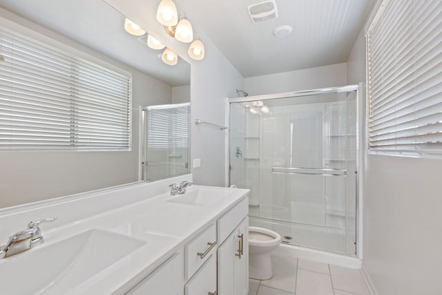 bathroom featuring a shower stall, tile patterned floors, visible vents, and a sink