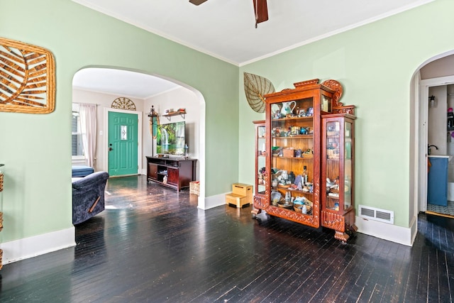 123 W York Ave, West Chicago, IL 60185 - interior space featuring visible vents, arched walkways, ceiling fan, and hardwood / wood-style flooring