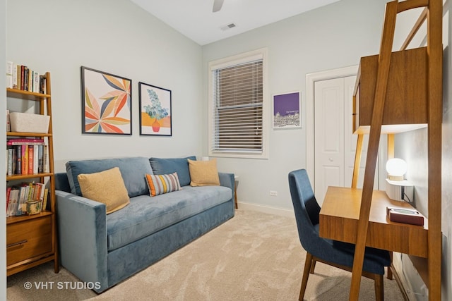 4845 N Damen Ave Unit 3S, Chicago, IL 60625 - office area featuring visible vents, baseboards, a ceiling fan, and carpet floors