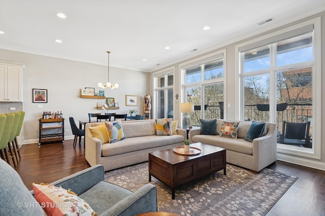 4845 N Damen Ave Unit 3S, Chicago, IL 60625 - living room with crown molding, baseboards, dark wood finished floors, and recessed lighting
