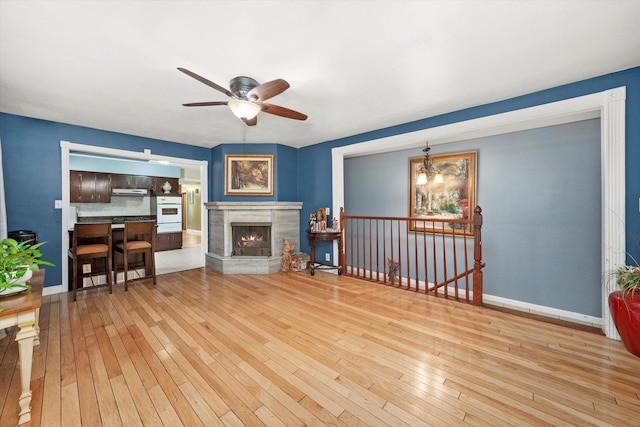 910 Sarah Ln, Aurora, IL 60502 - living area featuring hardwood / wood-style floors, a ceiling fan, baseboards, and a premium fireplace