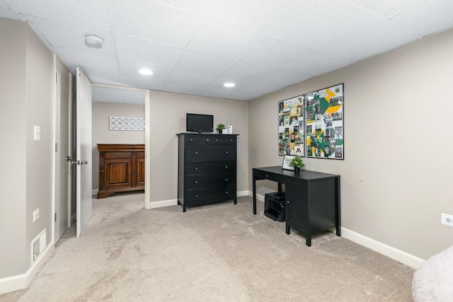 interior space with recessed lighting, carpet flooring, baseboards, and a drop ceiling
