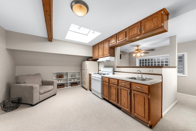 kitchen with white appliances, light colored carpet, under cabinet range hood, a sink, and a skylight