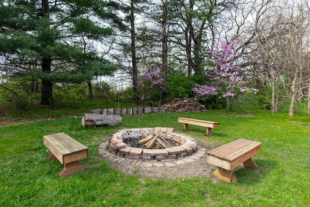 view of yard featuring an outdoor fire pit