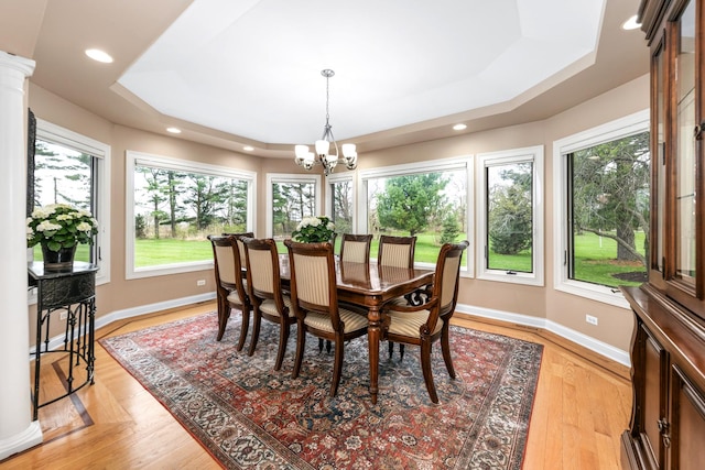 dining area with baseboards, a wealth of natural light, and a raised ceiling