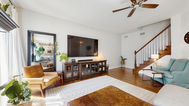 1531 Walnut St, Western Springs, IL 60558 - living room featuring wood finished floors, ceiling fan, stairs, and baseboards