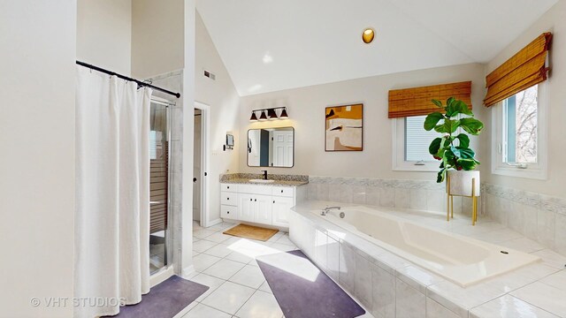 1531 Walnut St, Western Springs, IL 60558 - bathroom with a shower stall, a garden tub, vanity, tile patterned floors, and high vaulted ceiling