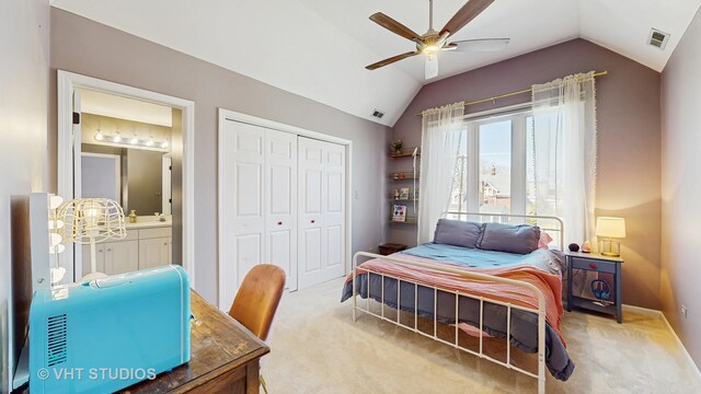 1531 Walnut St, Western Springs, IL 60558 - bedroom with vaulted ceiling, carpet floors, a closet, a ceiling fan, and ensuite bath