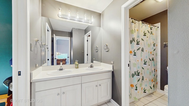 1531 Walnut St, Western Springs, IL 60558 - full bath with double vanity, tile patterned flooring, a shower with curtain, and baseboards