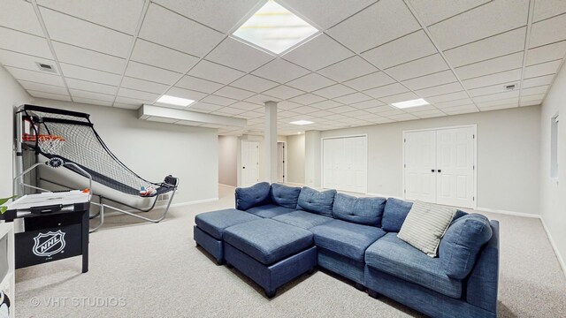 1531 Walnut St, Western Springs, IL 60558 - carpeted living room featuring baseboards and a paneled ceiling
