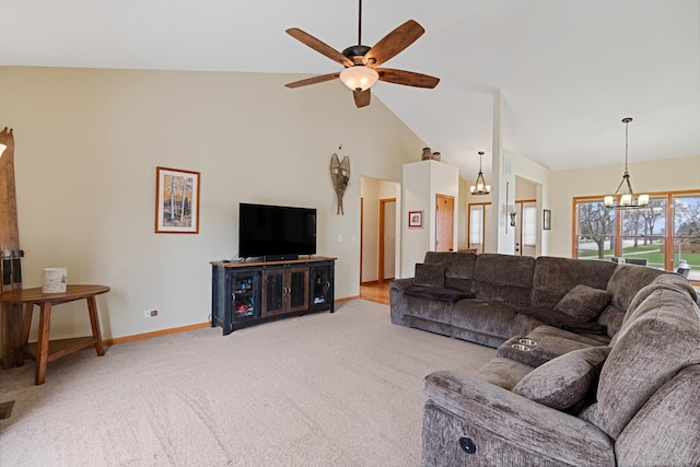 1496 Trailwood Dr, Crystal Lake, IL 60014 - living area featuring a chandelier, light carpet, ceiling fan, baseboards, and high vaulted ceiling
