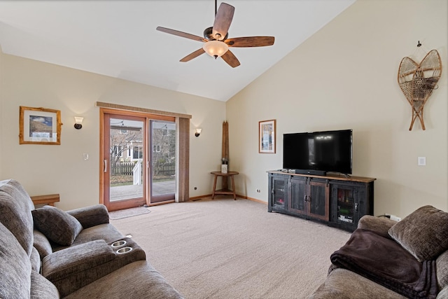 1496 Trailwood Dr, Crystal Lake, IL 60014 - living room with light colored carpet, a ceiling fan, baseboards, and high vaulted ceiling