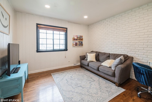 3645 Elm Ct, Flossmoor, IL 60422 - living area featuring wood finished floors, brick wall, and recessed lighting