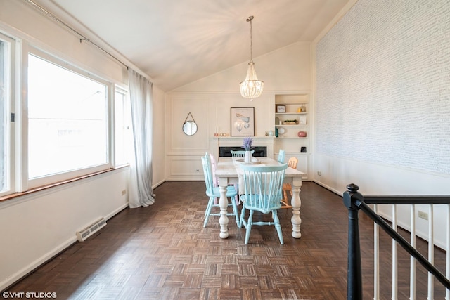 3645 Elm Ct, Flossmoor, IL 60422 - dining area with an inviting chandelier, visible vents, baseboards, and vaulted ceiling