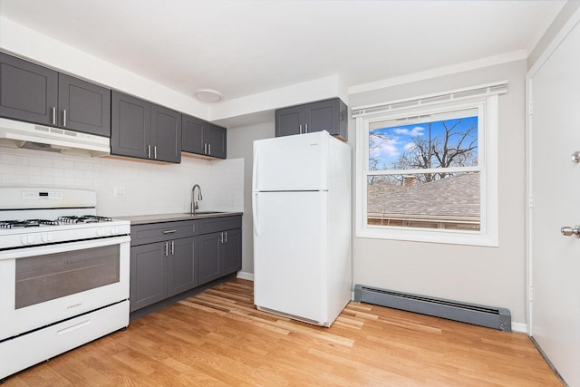 119 N Cliff St, Willow Springs, IL 60480 - kitchen with white appliances, under cabinet range hood, baseboard heating, gray cabinets, and decorative backsplash