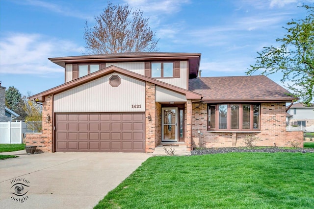 traditional-style house featuring concrete driveway, brick siding, and a front lawn