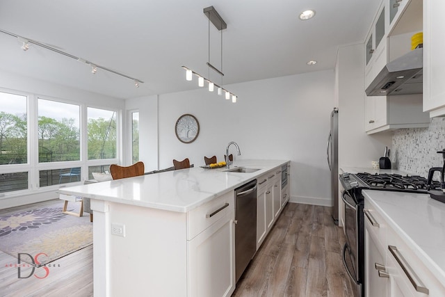 43 Windward Way, Ottawa, IL 61350 - kitchen with appliances with stainless steel finishes, a sink, light wood-style floors, a peninsula, and backsplash