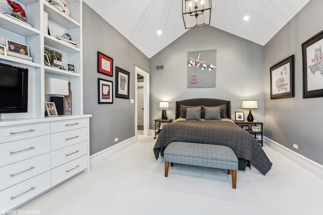 bedroom featuring light colored carpet, baseboards, vaulted ceiling, a chandelier, and recessed lighting