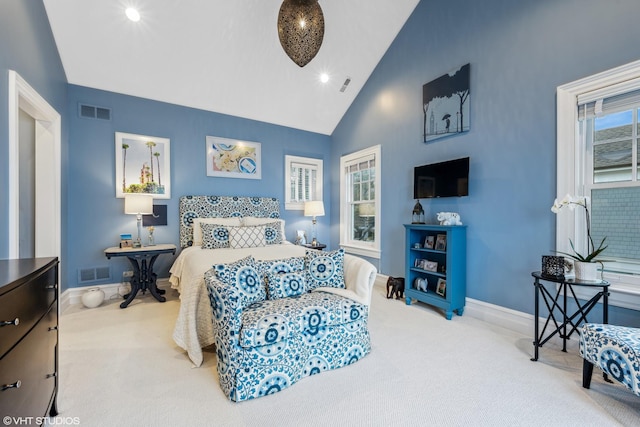 bedroom with carpet floors, baseboards, high vaulted ceiling, and recessed lighting